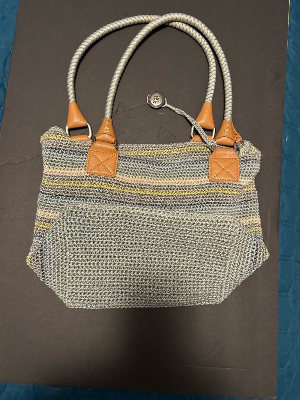 Braided Blue, Gray and Yellow Woven Tote with Tan Accents